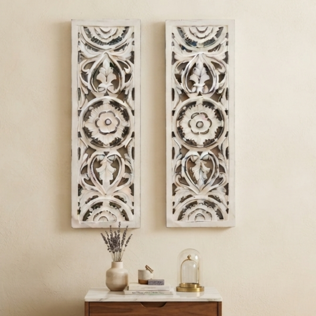 White MDF Wooden Jharokha - White Bloom Panel (Set of 2)