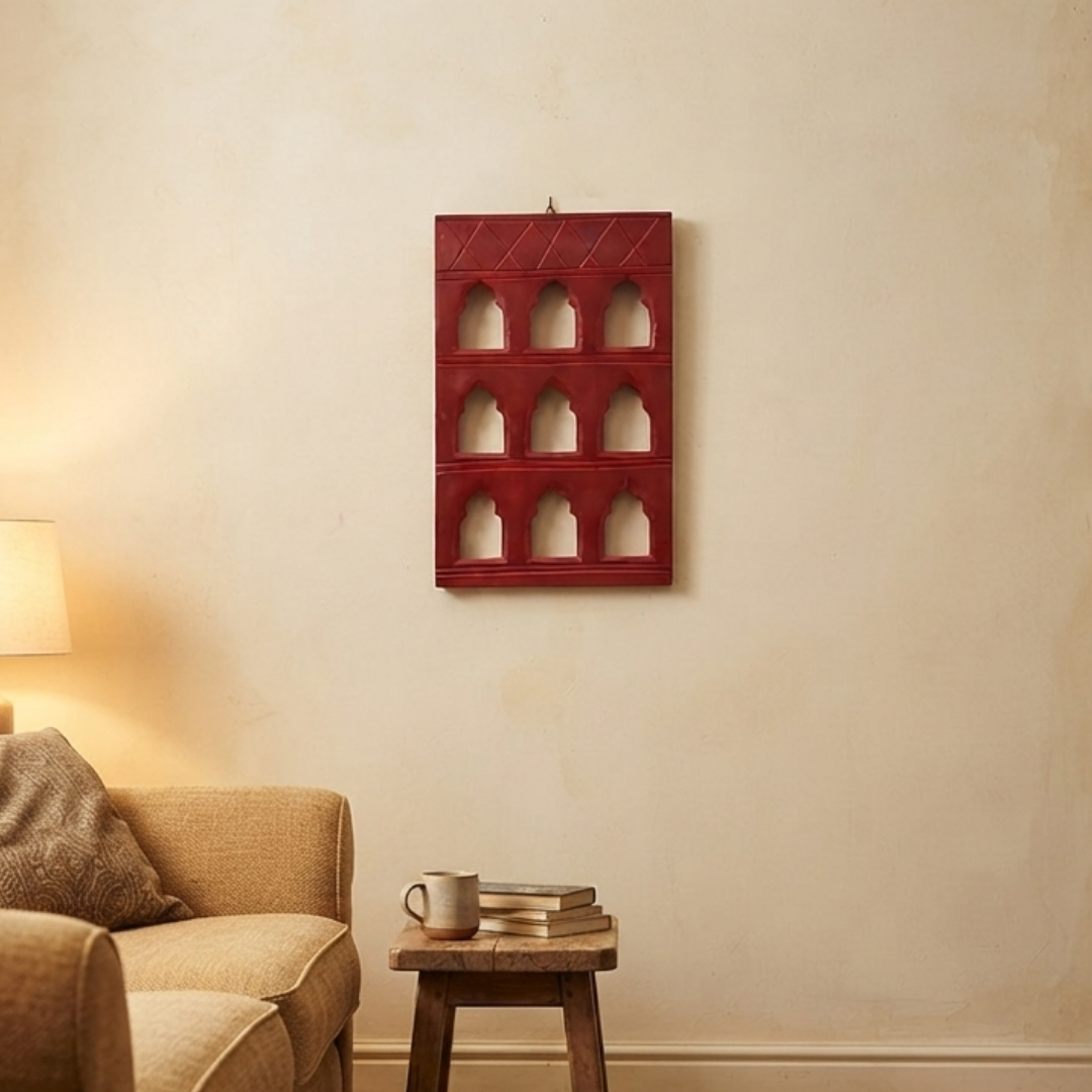 Red MDF Wooden Jharokha - Red Nine-Window