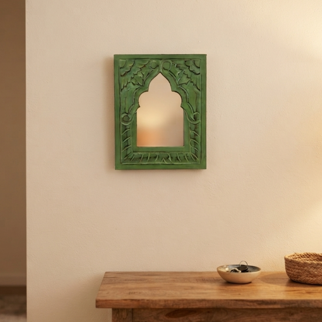 Green MDF Wooden Jharokha with Mirror - Shahi Mirror