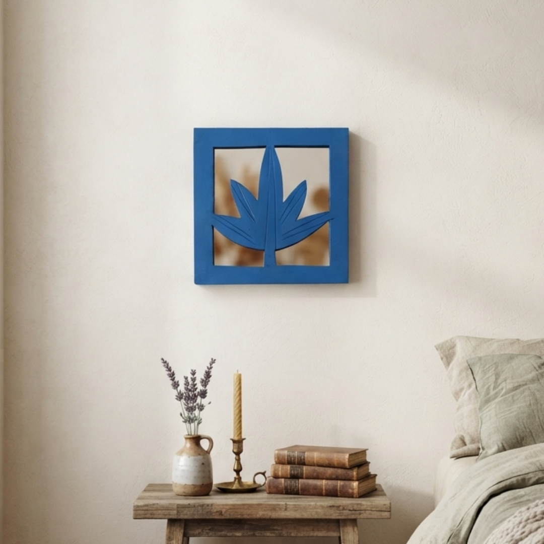 Blue MDF Wooden Jharokha with Mirror - Blue Leaf