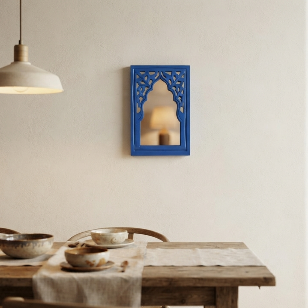 Blue MDF Wooden Jharokha with Mirror - Blue Rajasthani