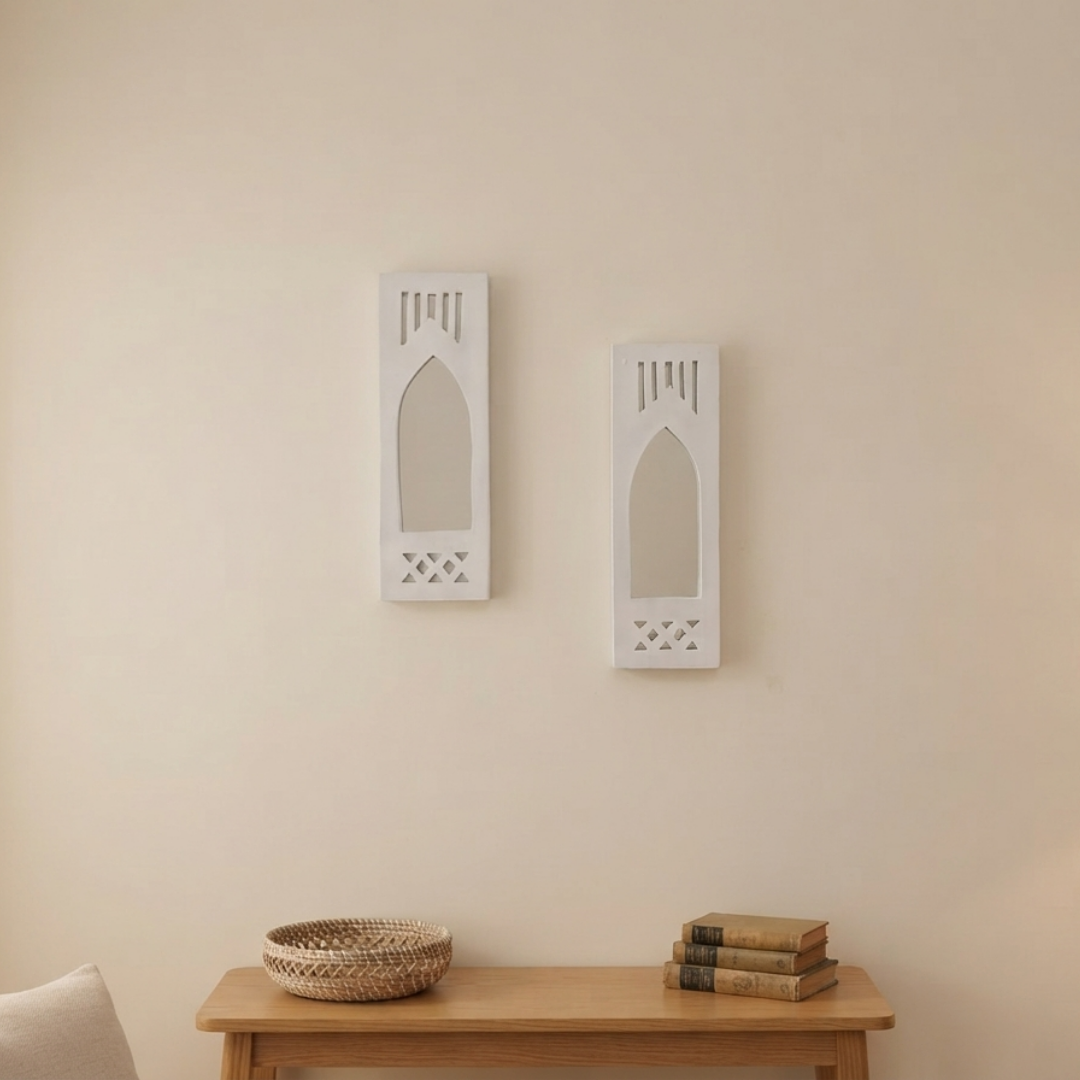White MDF Wooden Jharokha with Mirror - White Modern Set of 2