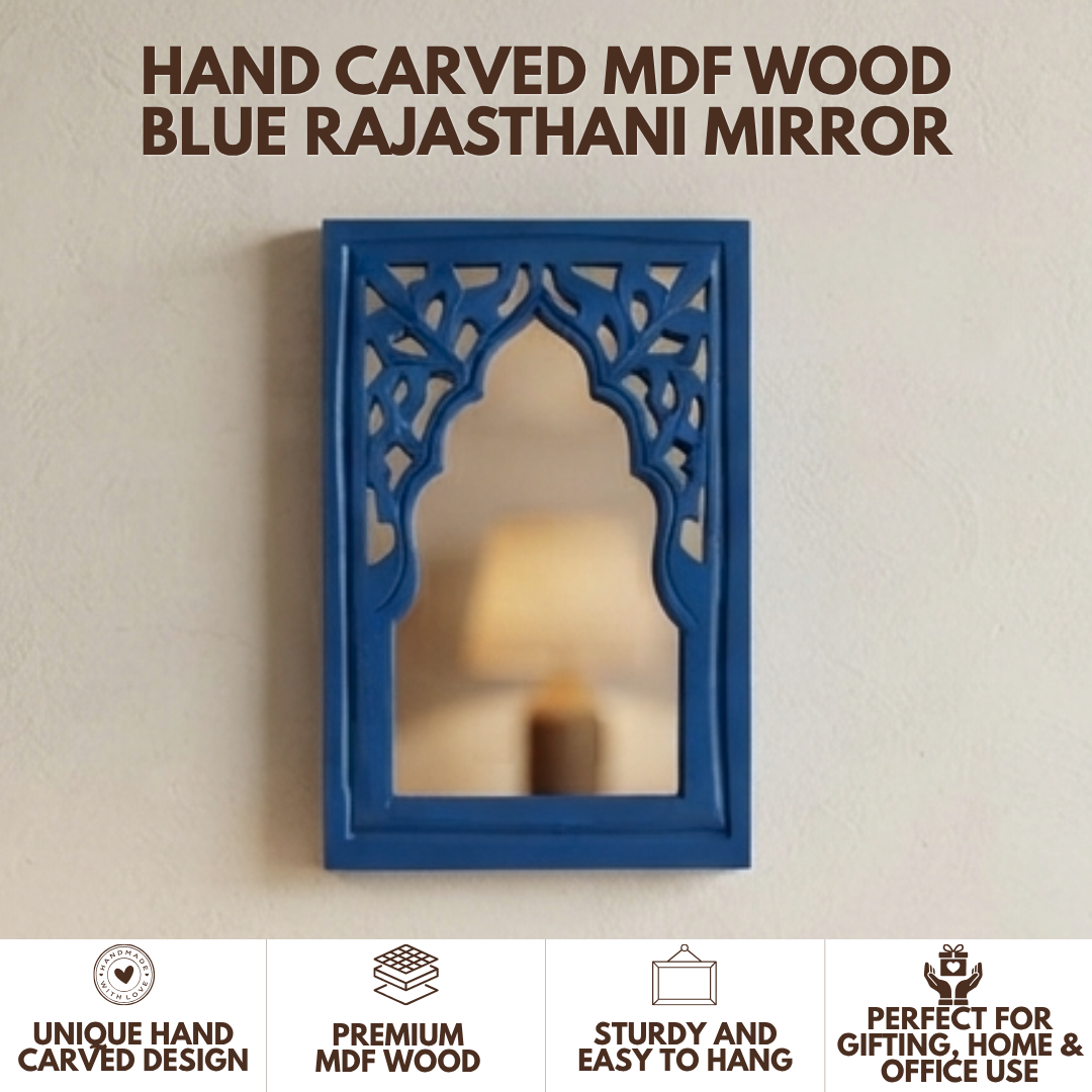 Blue MDF Wooden Jharokha with Mirror - Blue Rajasthani