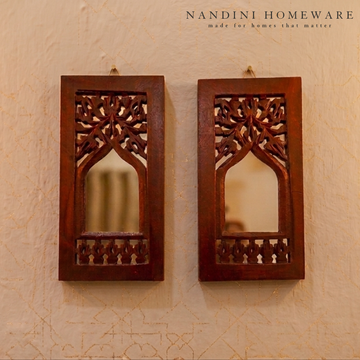 Brown MDF Wooden Jharokha with Mirror - Brown Floral Set of 2